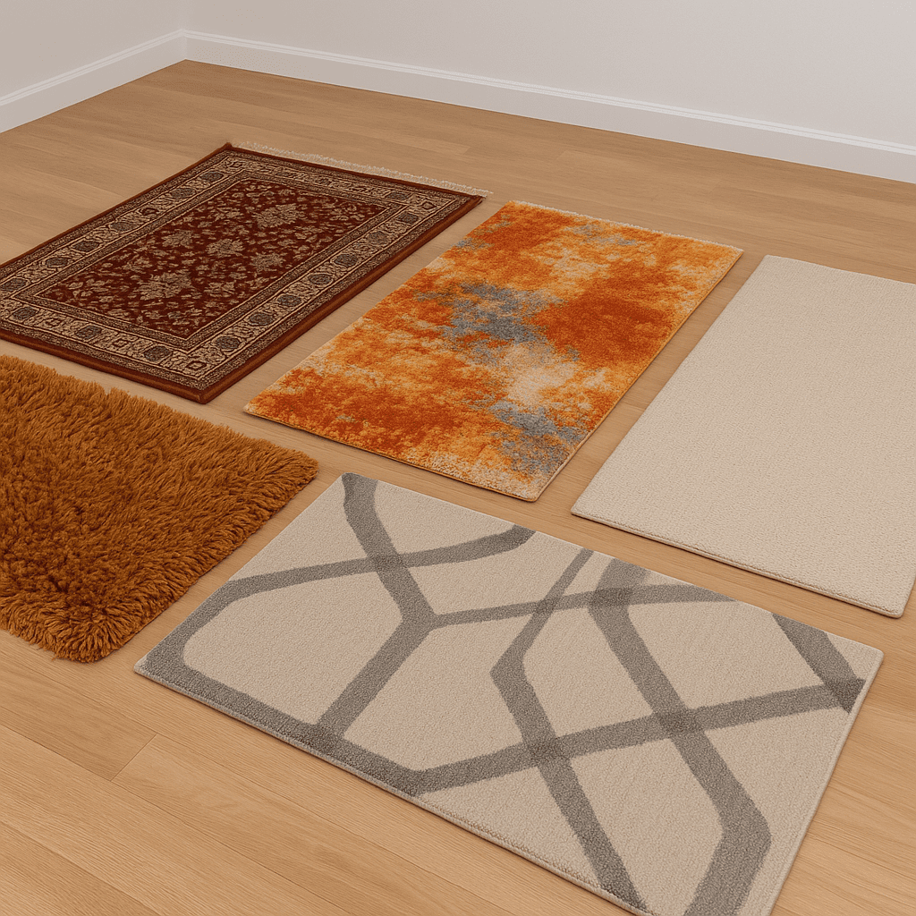 Different rug styles laid out for cleaning: shag, patterned, and modern designs