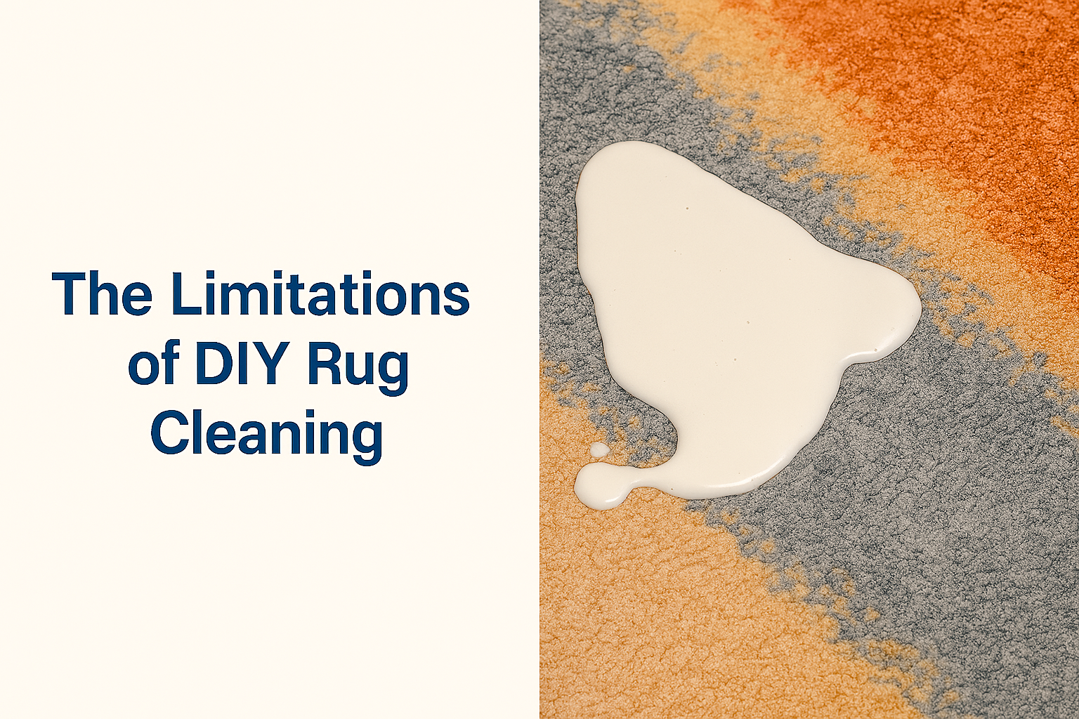Text 'The Limitations of DIY Rug Cleaning' on a beige background beside a multicoloured rug with a visible white liquid stain