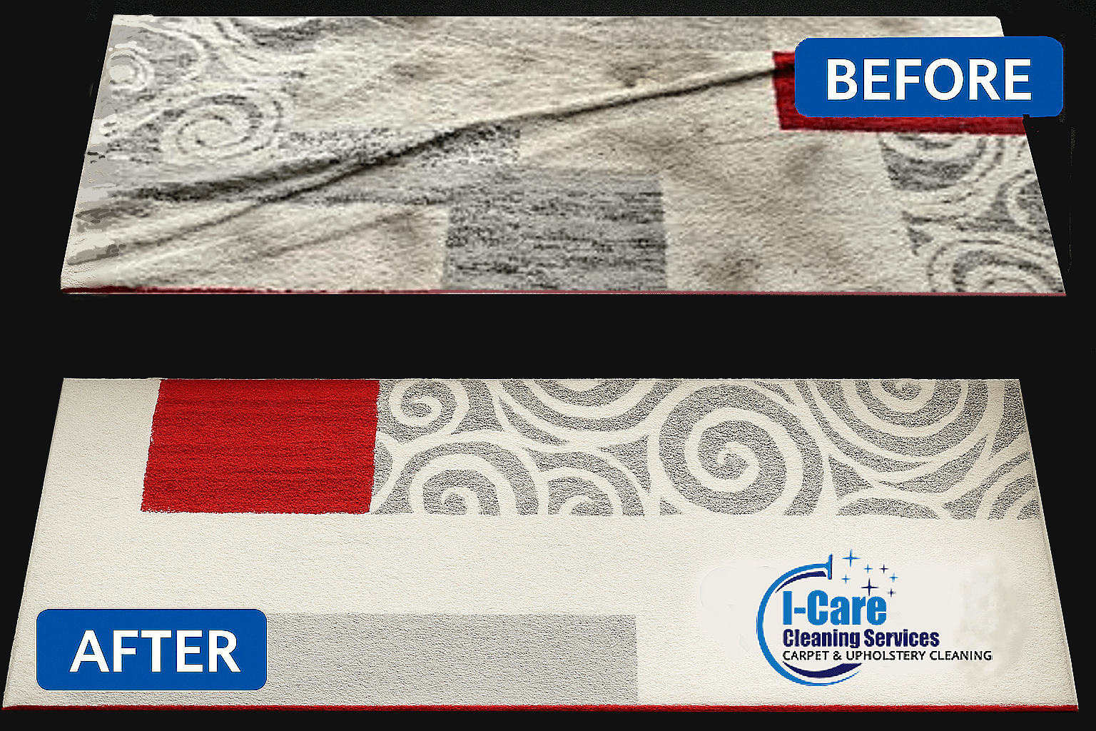 Before and after professional rug cleaning in Glasgow showing restored colours and removed stains