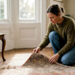 How to clean antique rugs safely for lasting quality 6 Woman inspecting antique rug in sunlit living room