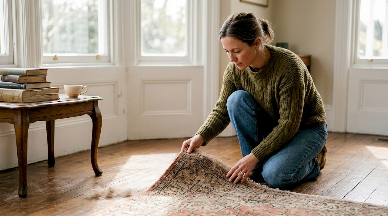 Woman inspecting antique rug in sunlit living room