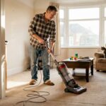 Homeowner vacuuming carpet in bright living room