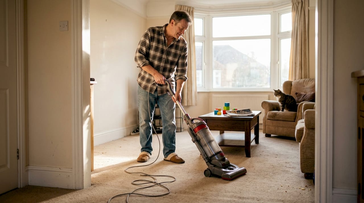 How carpet cleaning improves health and indoor air quality 1 Homeowner vacuuming carpet in bright living room