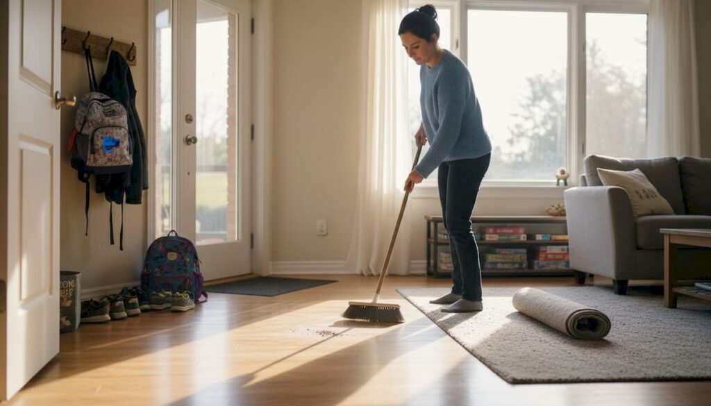 Sweeping hardwood floor family home