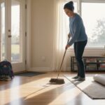 Sweeping hardwood floor family home