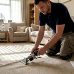 Technician re-stretching carpet in real home