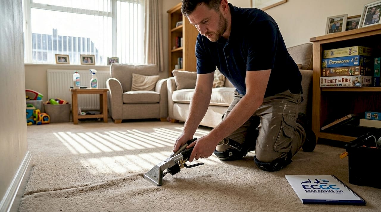 Technician re-stretching carpet in real home