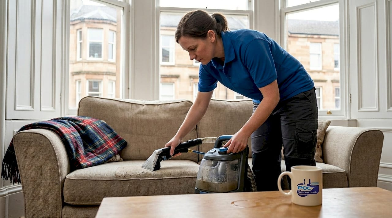 Upholstery cleaning in Glasgow: expert solutions for spotless homes 1 Glasgow upholstery cleaner at work in lived-in lounge