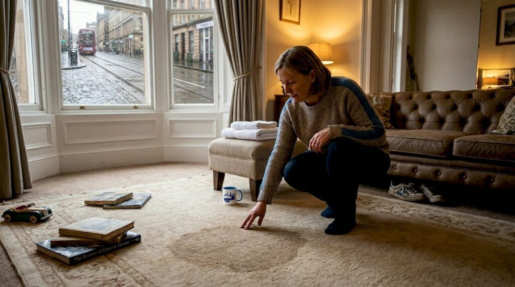 Inspecting wet carpet in Glasgow living room