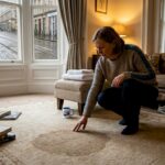 Inspecting wet carpet in Glasgow living room
