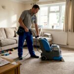 Technician deep cleaning carpet in living room