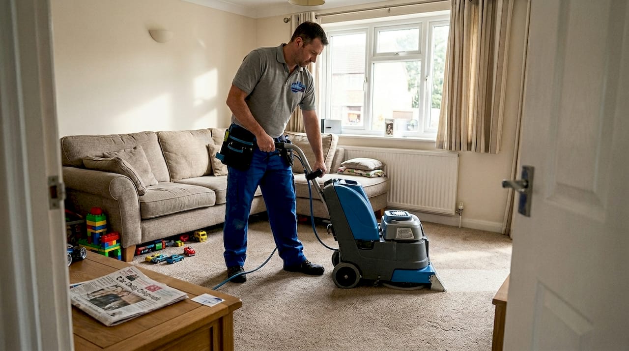 Deep carpet cleaning explained: benefits, methods and expert advice 1 Technician deep cleaning carpet in living room