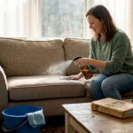 Woman cleaning sofa with eco-friendly spray