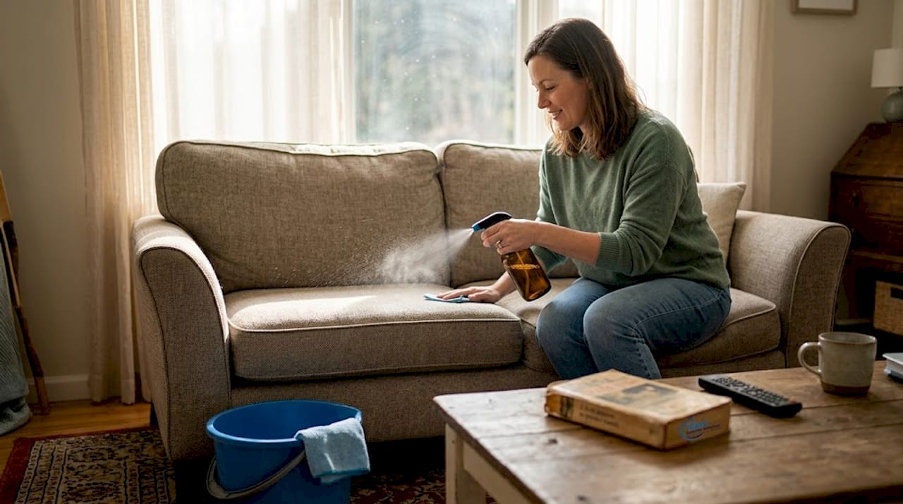 Woman cleaning sofa with eco-friendly spray