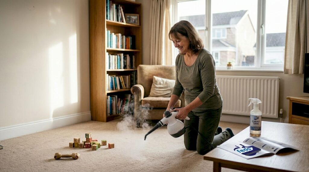 Person sanitising carpet in family living room