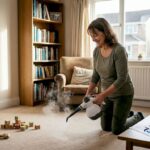 Person sanitising carpet in family living room