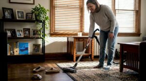 Woman cleaning rug in bright living room