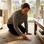Homeowner quickly blotting carpet spill