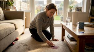 Homeowner quickly blotting carpet spill
