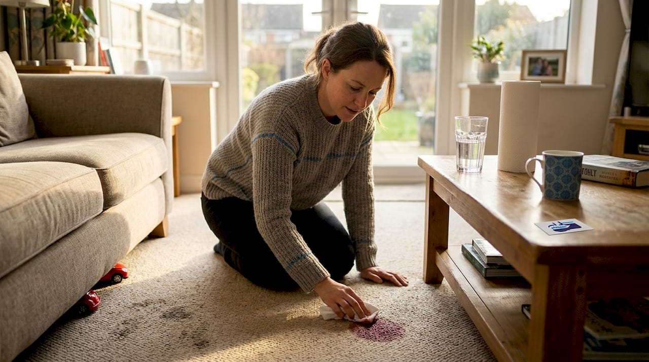 Homeowner quickly blotting carpet spill
