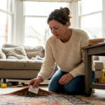 Woman preparing rug and cleaning tools at home