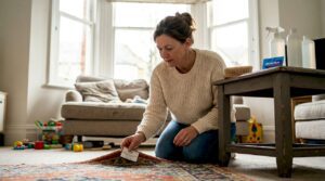 Woman preparing rug and cleaning tools at home