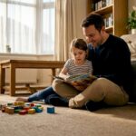 Family reading on lived-in beige carpet