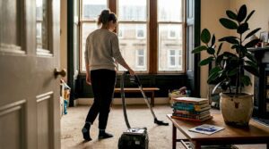Woman vacuuming living room carpet with HEPA vacuum