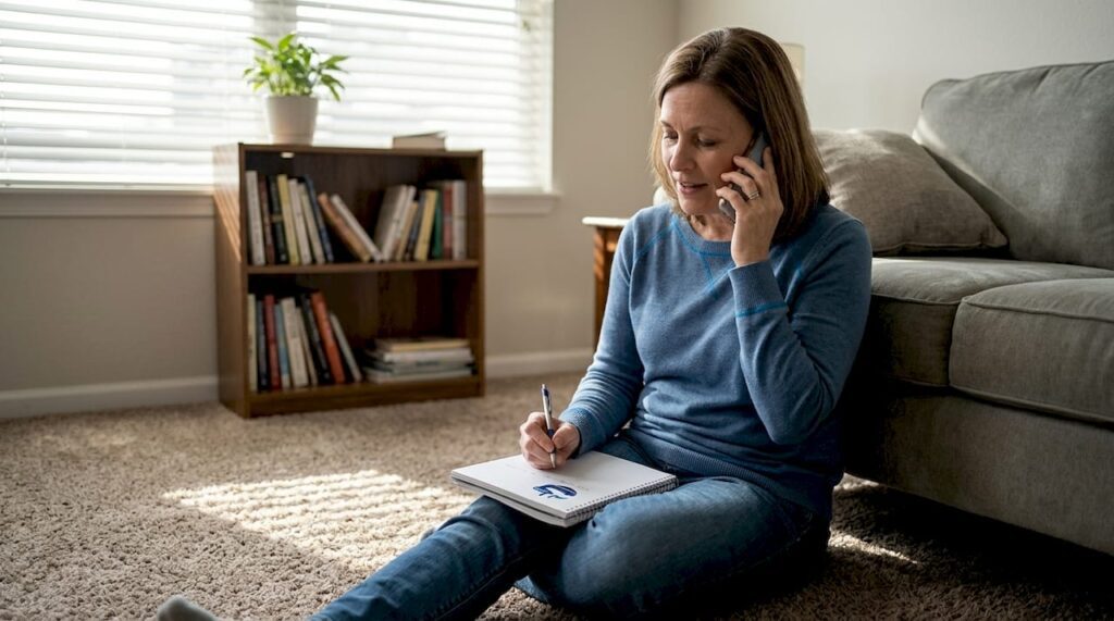 Homeowner calling carpet cleaner in living room