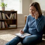 Homeowner calling carpet cleaner in living room