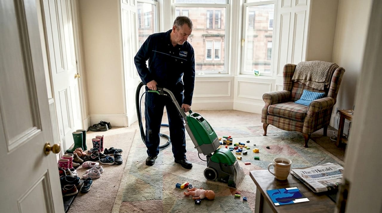 Technician cleaning carpet in Glasgow living room
