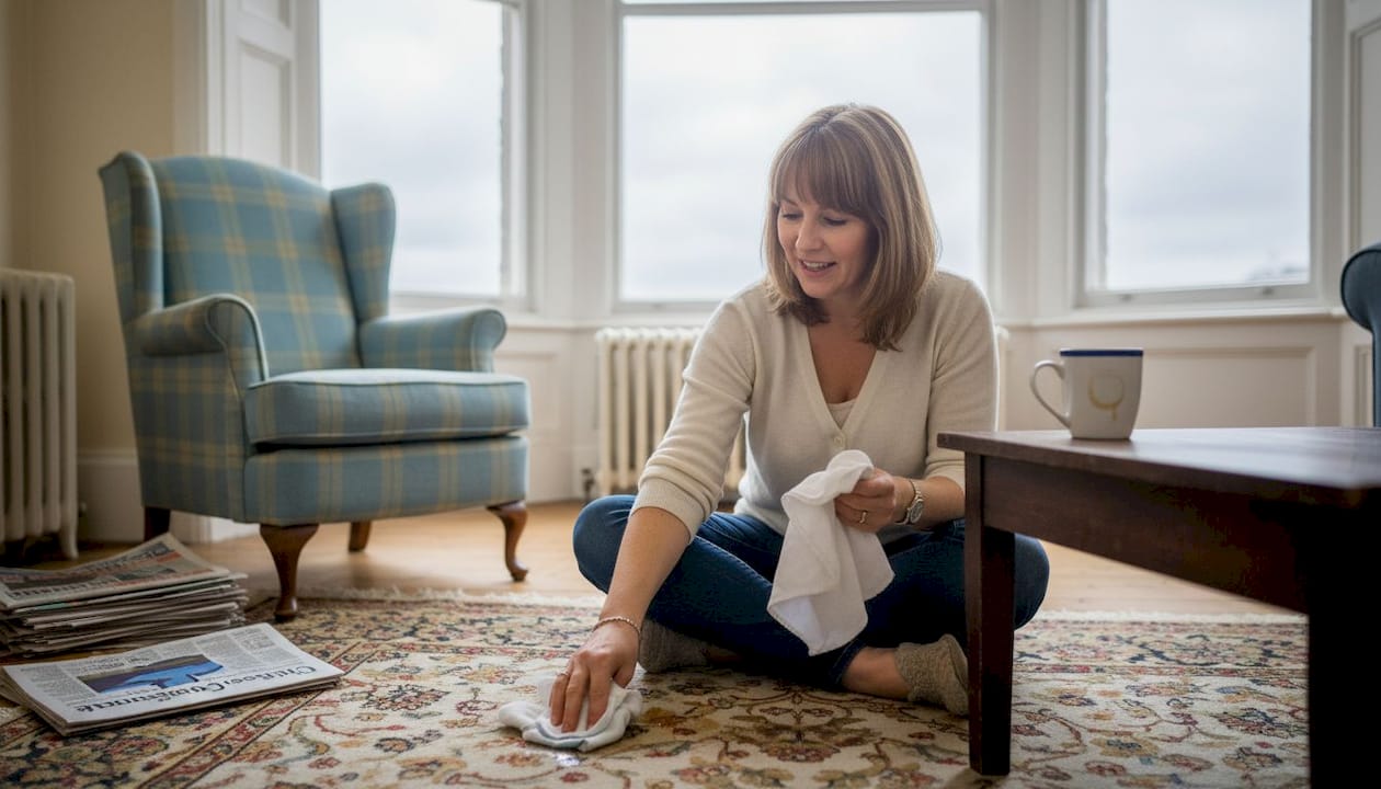 Woman blotting carpet stain in Glasgow living room
