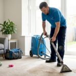 Carpet technician cleaning living room rug