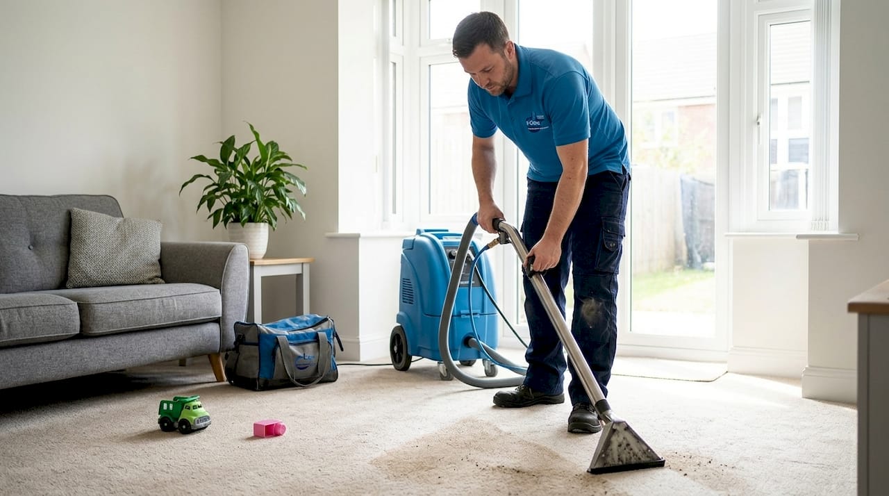 Carpet technician cleaning living room rug