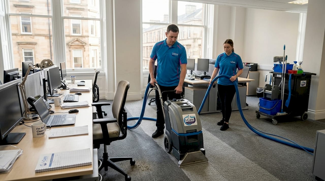 Cleaning crew using carpet machine in office