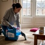 Woman cleaning carpet in lived-in Glasgow home
