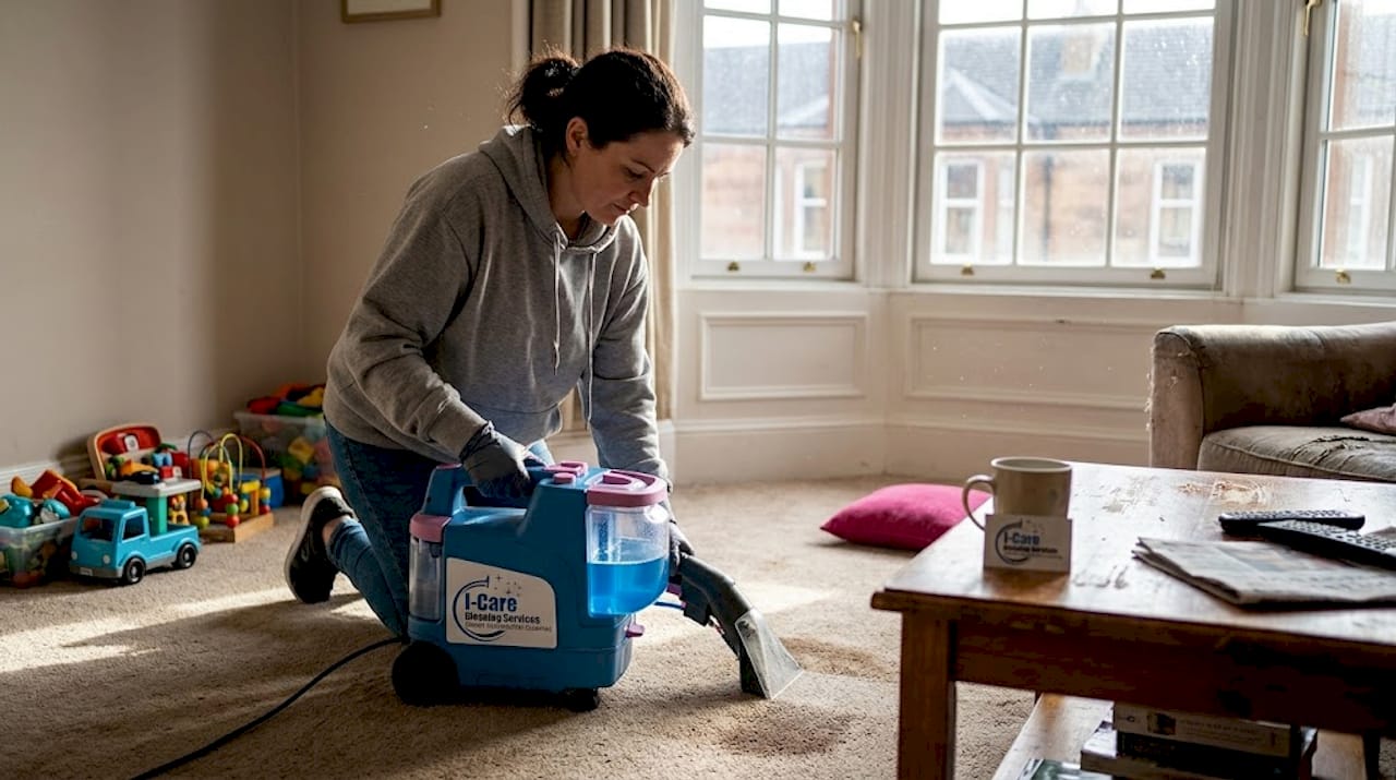 Woman cleaning carpet in lived-in Glasgow home