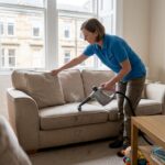 Woman deep cleaning sofa in bright Glasgow home