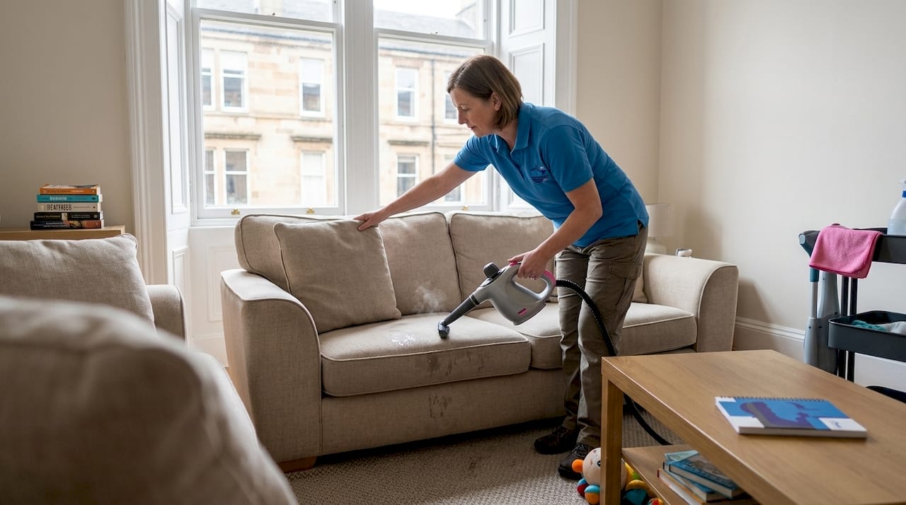 Woman deep cleaning sofa in bright Glasgow home