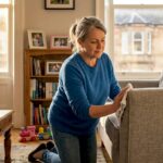 Woman sanitising sofa in sunlit Glasgow flat