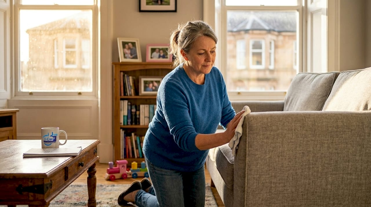 Woman sanitising sofa in sunlit Glasgow flat