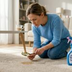 Woman inspecting coffee stain on carpet