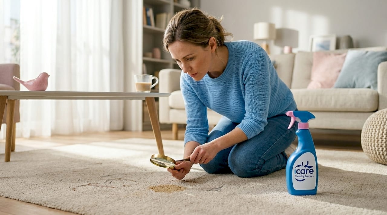 Woman inspecting coffee stain on carpet
