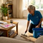 Woman grooming carpet in everyday living room
