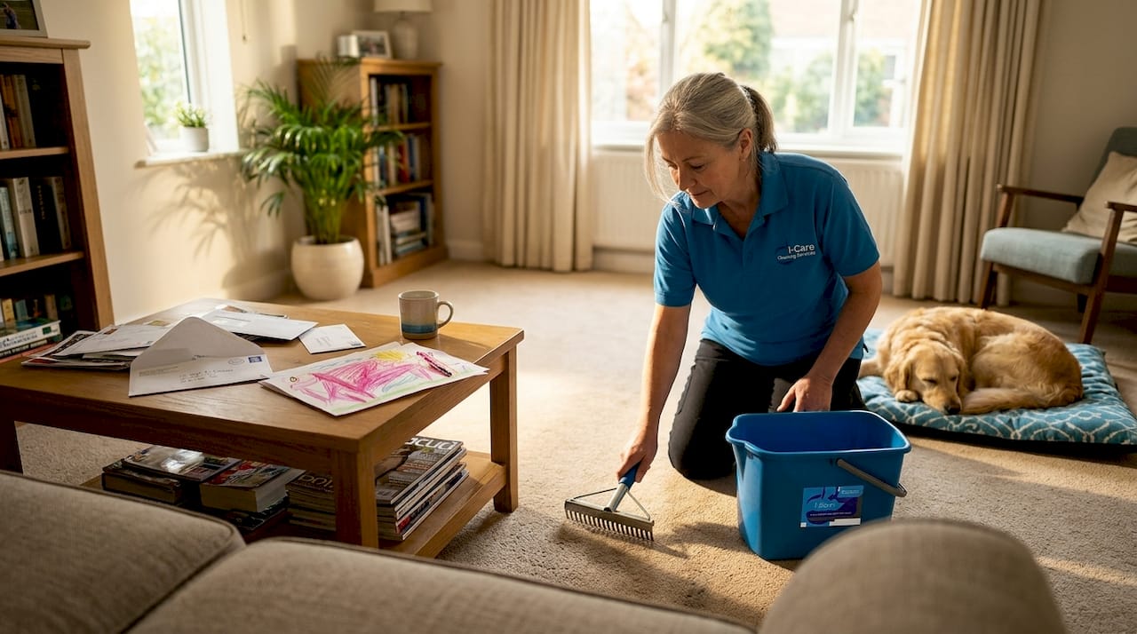 Woman grooming carpet in everyday living room