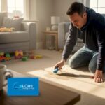 Homeowner checking carpet dryness in living room