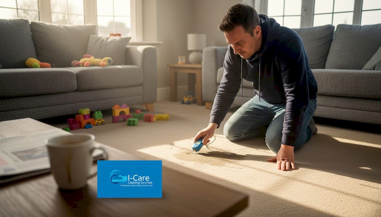 Homeowner checking carpet dryness in living room