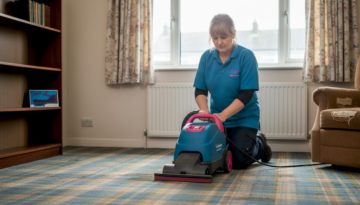 Woman deep cleaning Glasgow living room carpet